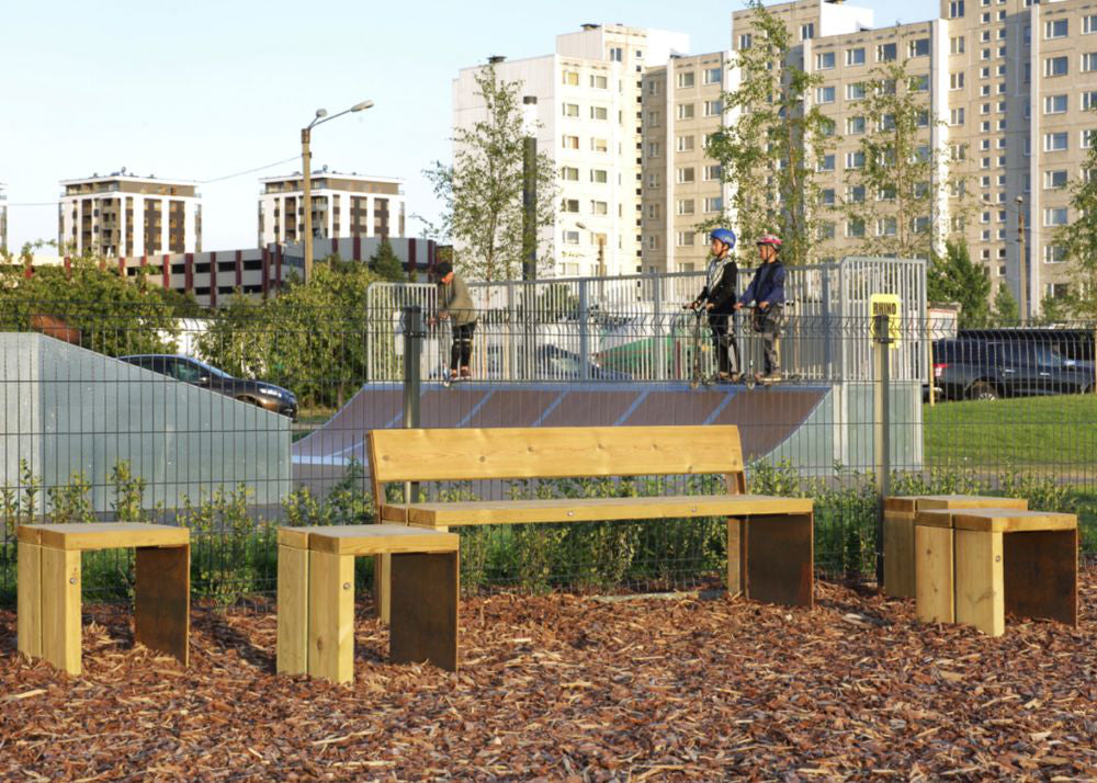 Gavarres Wooden Modular Outdoor Chair with Wooden Bench in Outdoor Setting 2