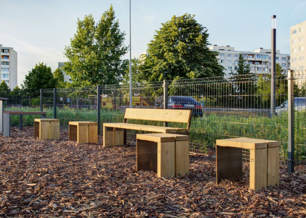 Gavarres Wooden Modular Outdoor Chair with Wooden Bench in Outdoor Setting 3