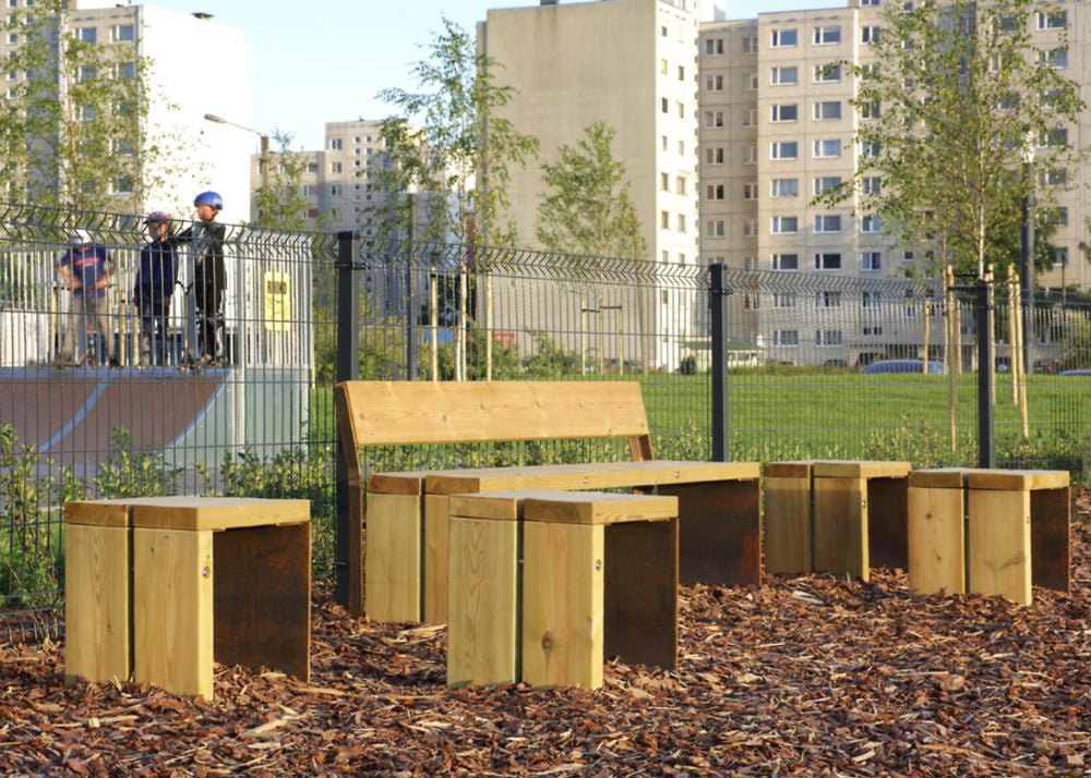 Gavarres Wooden Modular Outdoor Chair with Wooden Bench in Outdoor Setting