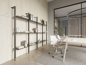 Gesture Meeting Room Chair in 5 Star Base on Castors with Decora Modular Shelving Unit and Key Meeting Room Table in A Legs in Modern Office Setting