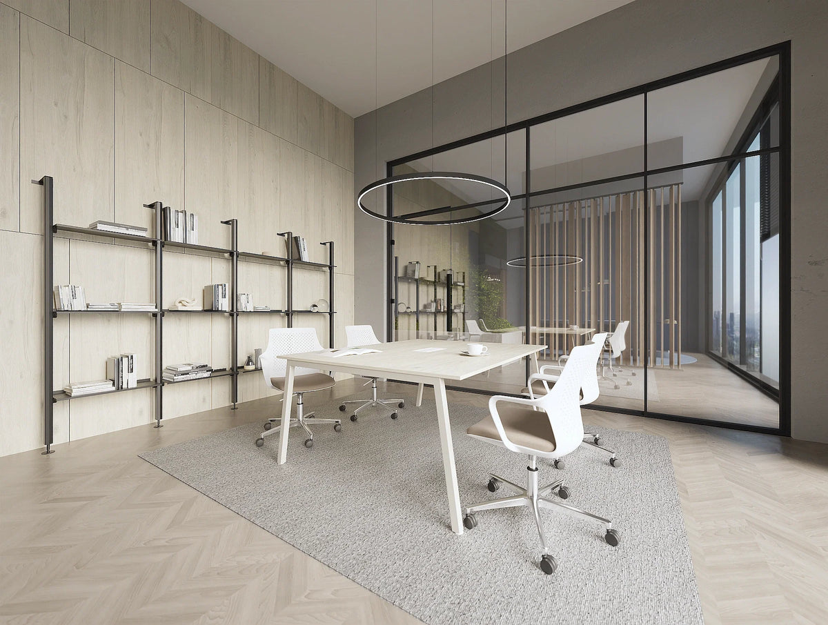 Gesture Office Chair in 5 Star Base on Castors with Iris Modular Shelving Unit and Key Meeting Room Table