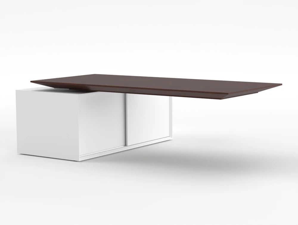 Gravity Sit Stand Executive Desk American Walnut Top White Frame Body Left