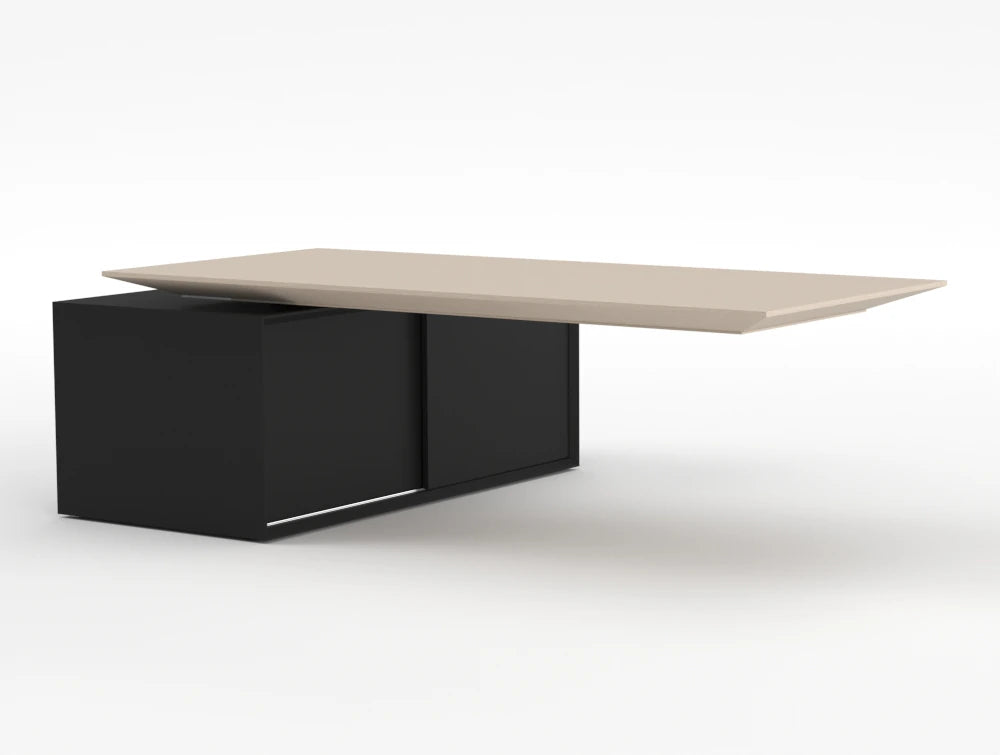 Gravity Sit Stand Executive Desk Elm Top Graphite Frame Body Left