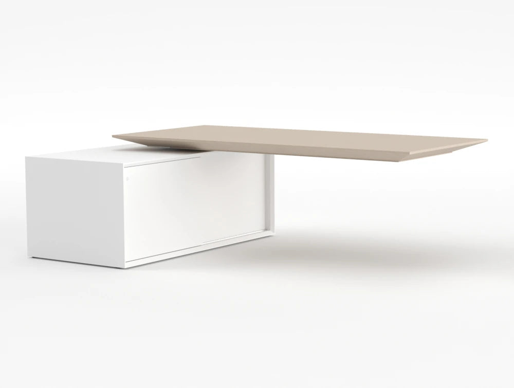 Gravity Sit Stand Executive Desk Elm Top White Frame Body Right