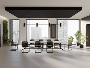 Harmon Triple Base Rectangular Curved Meeting Room Table with Black Finish Vela Sled Base Meeting Room Chair in Meeting Room Setting 2