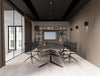 Harmon Triple Base with Oval Top Table in Black Marble Top Finish with Vela Meeting Room Chair in Pyramidial Base with Ionic Cube Grid Large Media Unit on Tall Storage in Meeting Room Setting