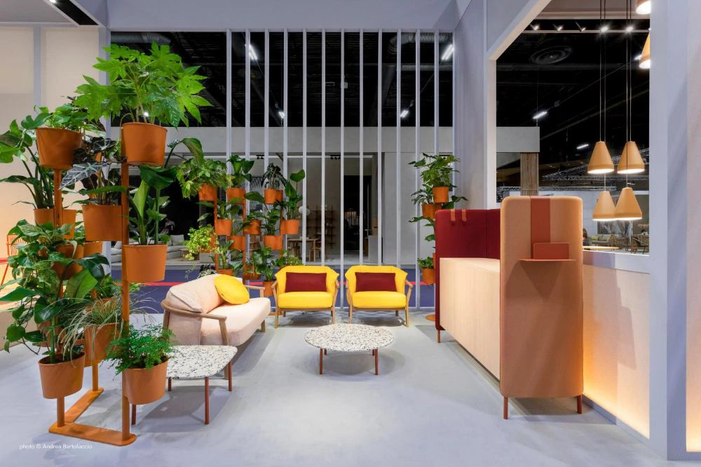 Hevea 5183 Space Partition with Pot Holders in Terracotta Finish with Yellow and Light Pink Sofa and Round Coffee Table