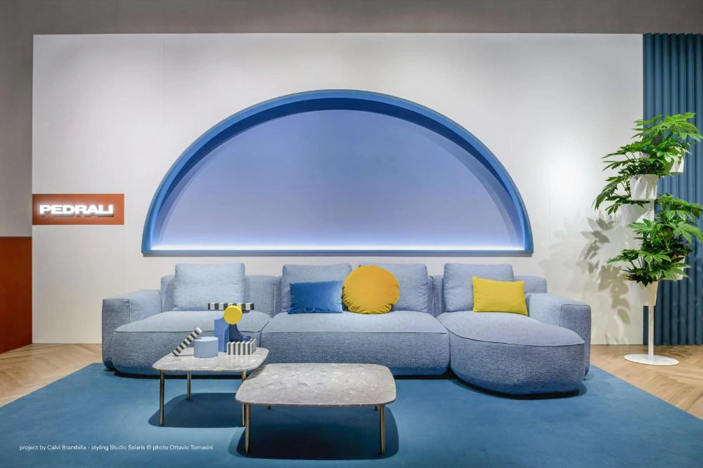 Hevea 5183 Space Partition with Pot Holders in White with Blue Modular Sofa and Grey Square Tables  in Lounge Setup