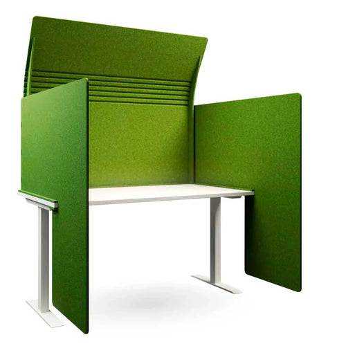 Ezoboard Hoody Desk Screen And Cover In Black Finish With White Table And Black Hanging Lights In Office Setting