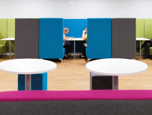 Huddle Cave Meeting Pod With White Table And Blue Upholstered Finish