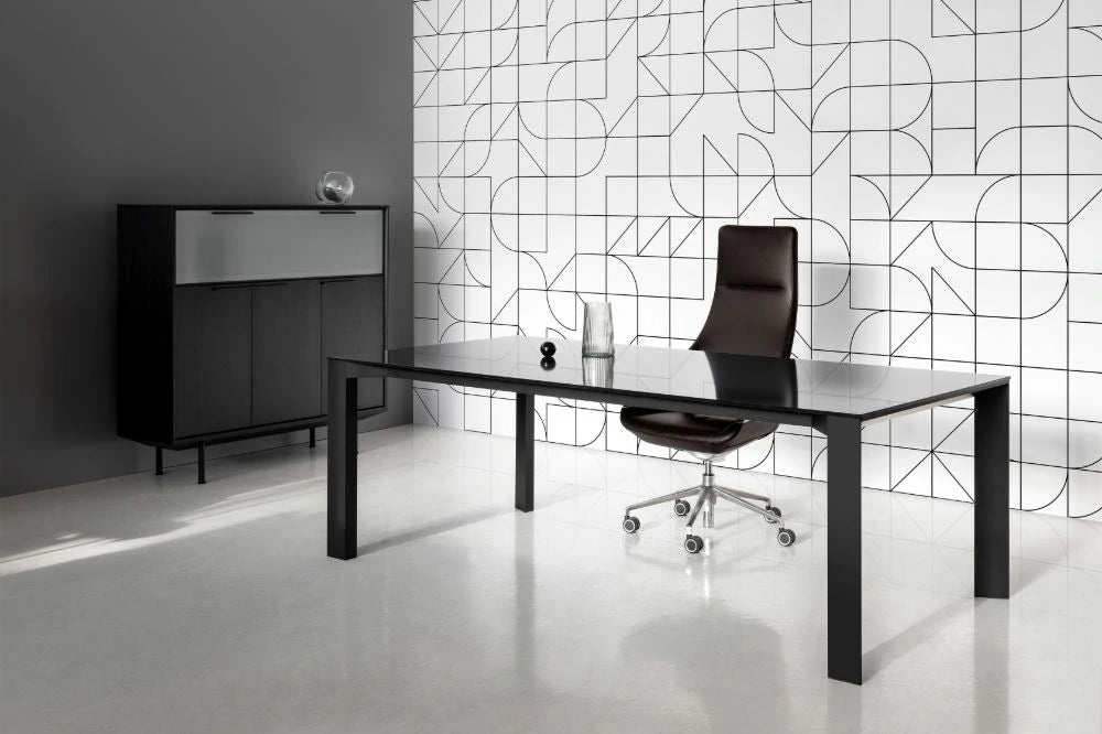 In Office Executive Desk with Executive Chair and Side Cabinet in Modern Office Setting