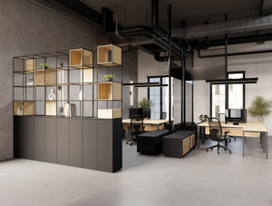 Ionic Double Grid Zoning System on Tall Storage with Profil Executive Desk and Credenza Unit and Contour Ergonomic Chair and Decora Modular Zoning System in Modern Office Setting