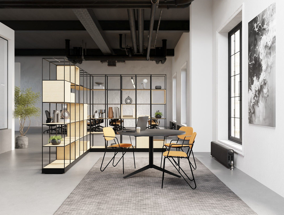 Ionic Modular 5 Level Zoning System in Oak Finish with Harmon Round Table and Line Chair and Key Bench Desk and Contour Ergonomic Chair in Modern Office Setting 2
