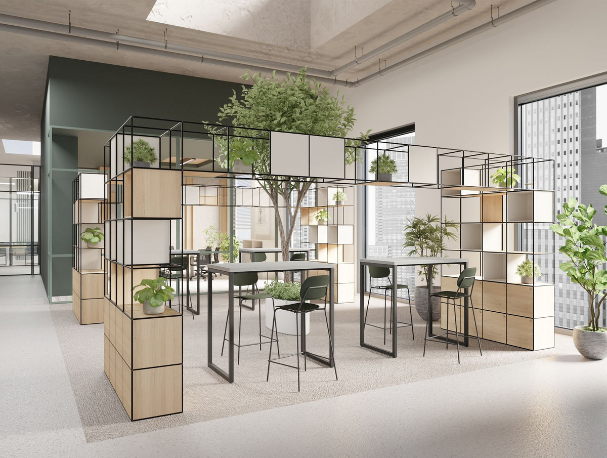 Ionic Modular Corner Zoning System with Nestro Hightop Table and Line High Stool in Modern Office Setting 2