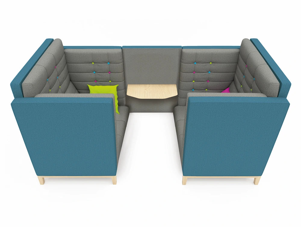 Jig Cave Two Seater Meeting Pod With Wooden Legs Ad Colored Pillows