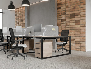 Key 3 Drawer Slimline Pedestal and Bench Desk in Oak Finish with Aria Ergonomic Chair and Light Desk Screen Attached in Key Bench Desk in Modern Office Setting