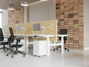 Key 3 Drawer Slimline Pedestal in White Finish with Aria Ergonomic Chair and Join Desk Screen Attached in Levo Bench Sit Stand Desk in Modern Office Setting