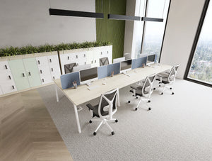 Key 6 Person Back to Back Bench Desk in White A Legs with Light Desk Screen in Blue Finish and Uno Locker with Galen Ergonomic Meeting Room Chair in Modern Office Setting