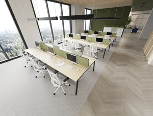 Key Back to Back 6 Person Bench Desks with Light Desk Screens and Galen Ergonomic Office Chairs with Uno Lockers with Planters in Modern Office Setting