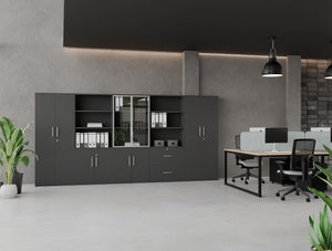 Key Cupboards and Bookcases in Grey Finish with Aria Ergonomic Chair and Light Desk Screen Attached in Key Bench Desk in Modern Office Setting