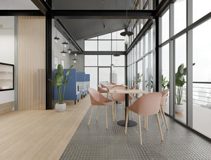 Key Cylinder Base Table with Pink Malin Canteen Chair and Snug Meeting Sofa Booth in Breakout Setting