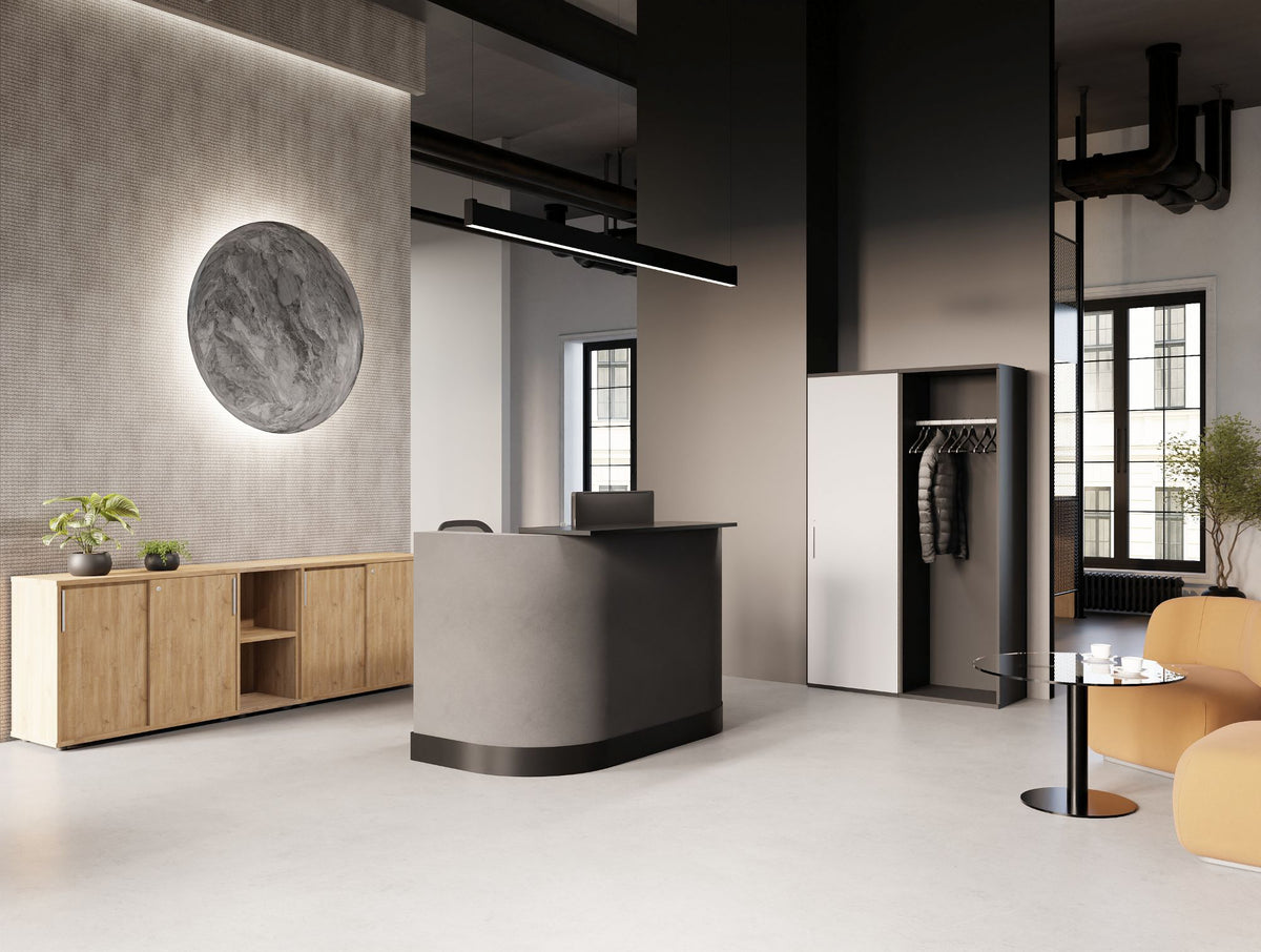 Key Wooden Wardrobe and Credenza Unit with Round Glass Top Nexis Coffee Table and Reception Desk in Lounge Area