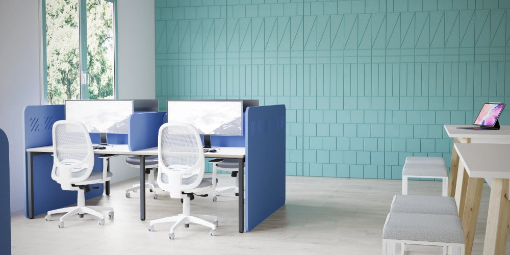 Koala Acoustic Bench Screen in Blue with White Office Desk and Chair
