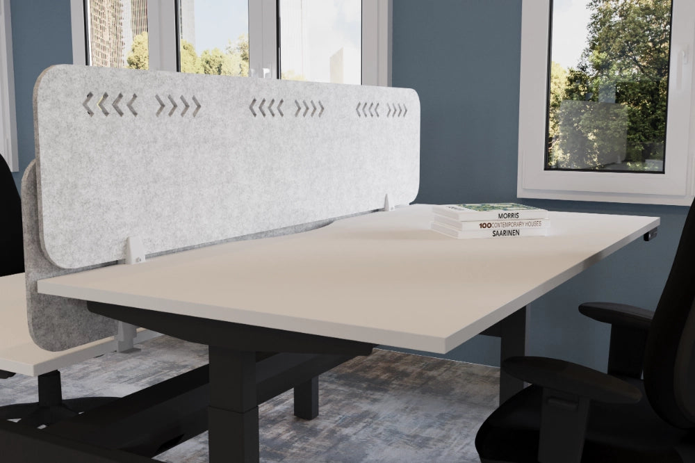 Koala Acoustic PET Pattern Screens in Light Grey Finish with White Top Sit Stand Desk and Black Task Chair in Modern Office Setting Close Up
