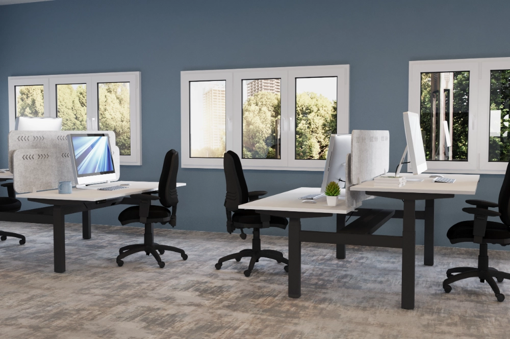 Koala Acoustic PET Pattern Screens in Light Grey Finish with White Top Sit Stand Desk and Black Task Chair in Modern Office Setting