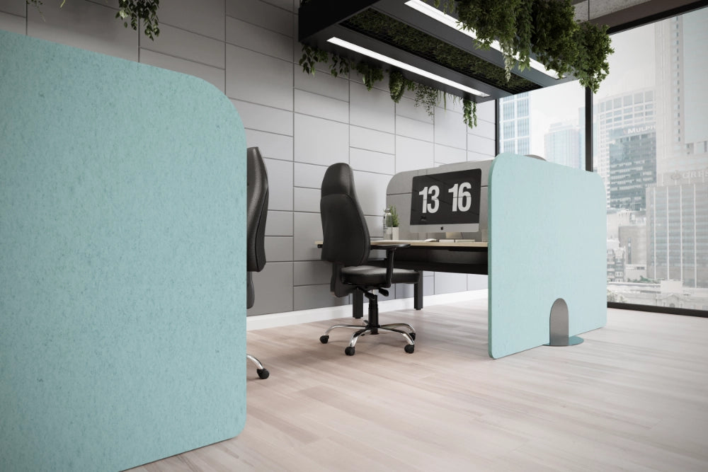 Koala Bench Freestanding Screen in Turquoise Finish with Black Officr Chair in Modern Office Setting