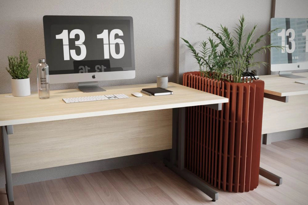 Koala Medium Acoustic Planter in Terracotta Finish with Oak Top Desk in Modern Office Setting