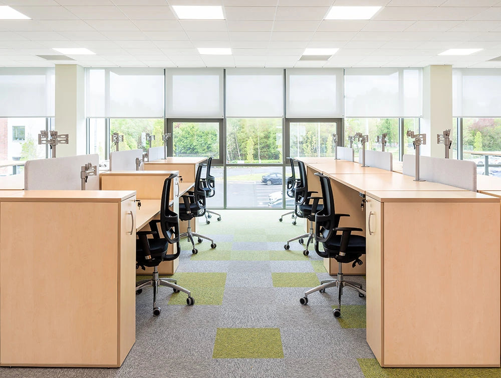 Leap Adjustable Desks With Pedestals Ergonomic Monitor Arms And Oz Mesh Office Chairs