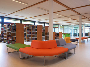 Legvan 90 Upholstered Modular Seating with Bookshelves in Library Setting 2