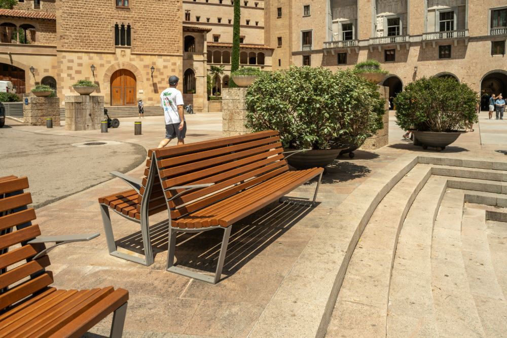 Leman Eco Wooden Bench with Backrest in an Open Area