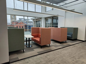 Lenny 2 Seater High Back Chair in Different Finishes with White Top Tables in Modern Lounge Setting