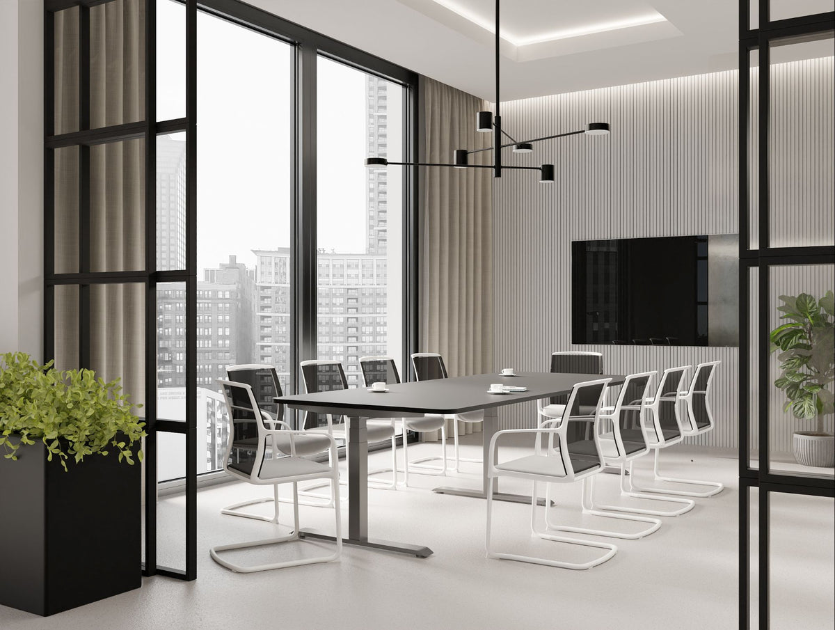 Levo Meet Sit Stand Table with Vela Sled Base Chair in Boardroom Setting 3