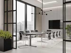 Levo Meet Sit Stand Table with Vela Sled Base Chair in Boardroom Setting 3
