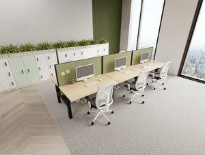 Levo Sit Stand Bench Desks with Join Desk Screens and and Galen Office Chairs with Uno Lockers with Manual RFID Locks and Planters on Top in Modern Office Setting