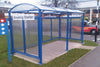 M Barrel Roof Bicycle Shelter with Extension and Back and Side Cladding 3 in Blue Finish with Smoking Shelter Sign