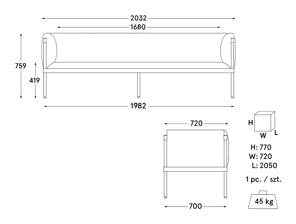 Mdd Stilt Monochromatic 3 Seater Sofa 8 Dimensions