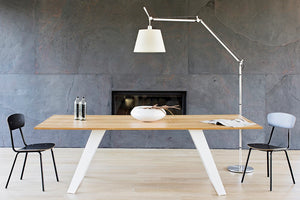 Mara Morgan Rectangular Office Table In Metal Sheet With Black Armchair And White Standing Lamp In Living Room Setting