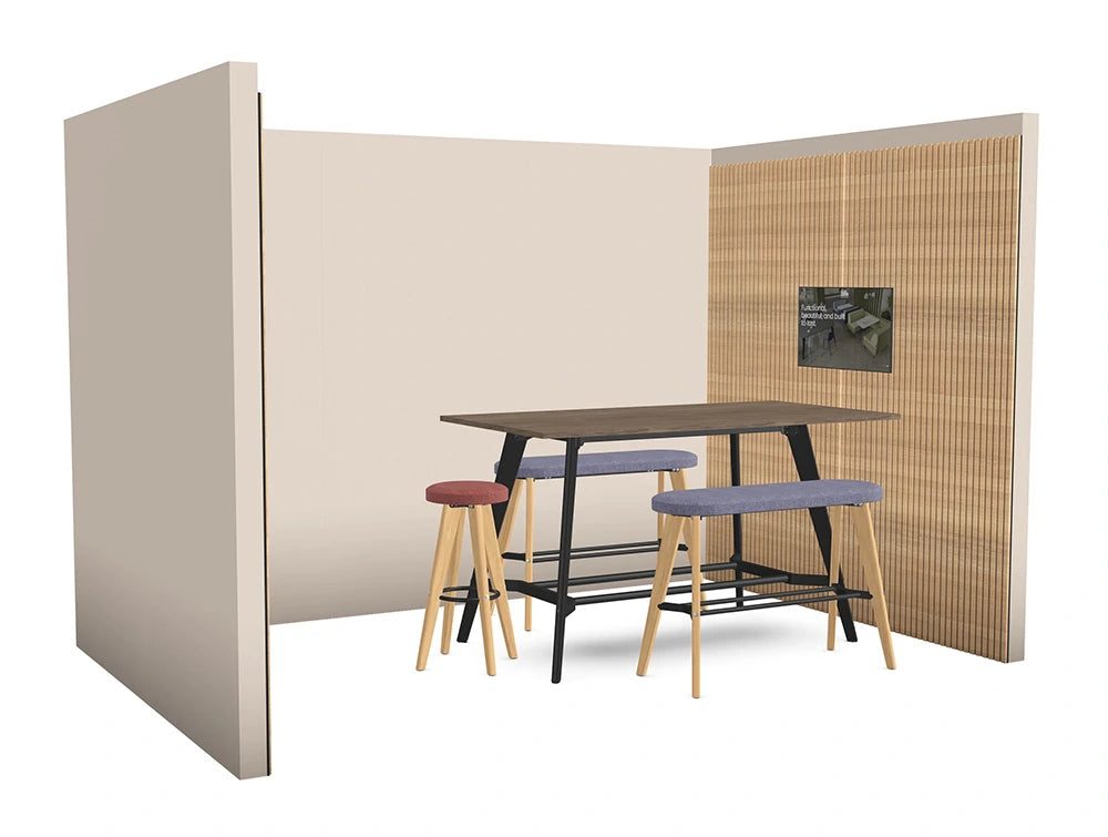 Media Ready Meeting Room with Vertical Wooden Slats with Poseur Table and High Bench