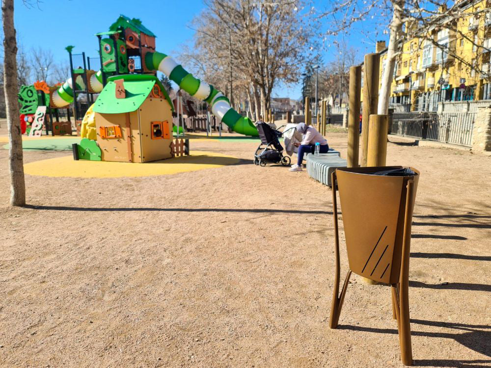 Minsk Outdoor Waste Bin in Brown Finish Outdoor Setting