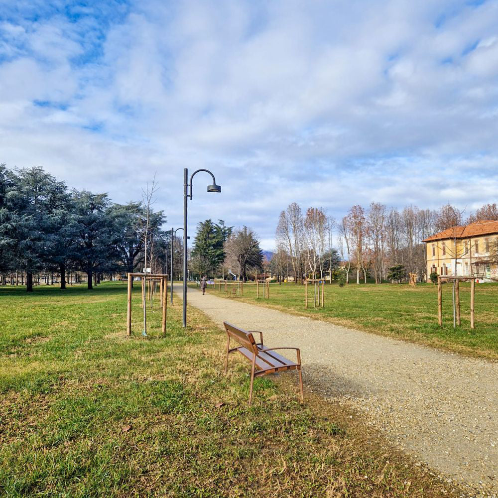 Minsk Wooden Outdoor Bench in Brown Finish Outdoor Setting 4
