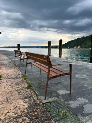 Minsk Wooden Outdoor Bench in Brown Finish Outdoor Setting 5