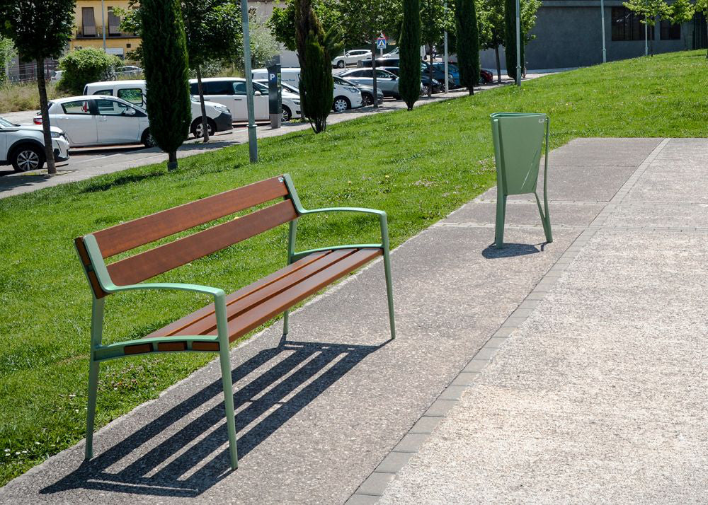 Minsk Wooden Outdoor Bench with Trash Bin in Outdoor Setting 2