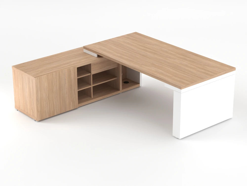 Mito Sit Stand Executive Desk With Side Storage Amber Oak Top White Matt Body 2190Mm Left