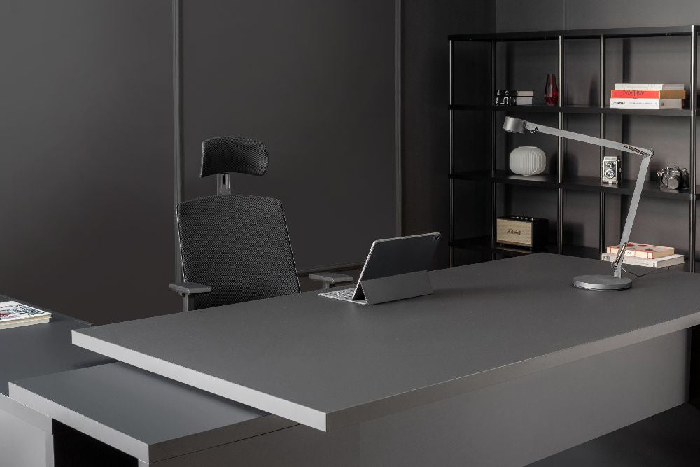 Mito Wooden Executive Desk with Office Chair and Bookshelf in Executive Setting