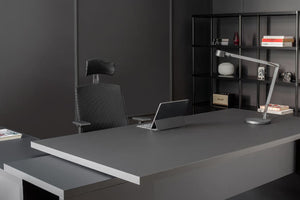 Mito Wooden Executive Desk with Office Chair and Bookshelf in Executive Setting