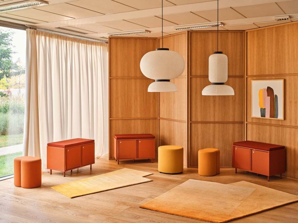 Mix Cube Soft Seating Geometric Pouffe with Low Cabinet in Reception Setting